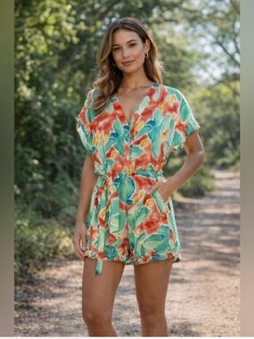 Easel NWT M Tropical Challis green orange ruffle tie elastic waist romper